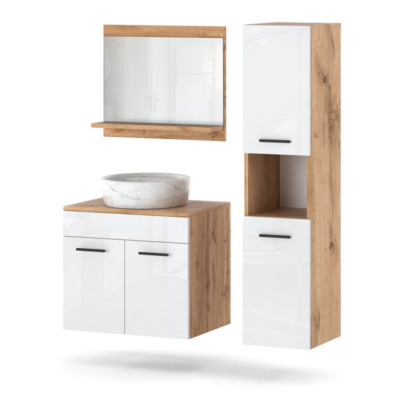 Meble łazienkowe wiszące słupek szafka lustro 90cm wotan biały połysk