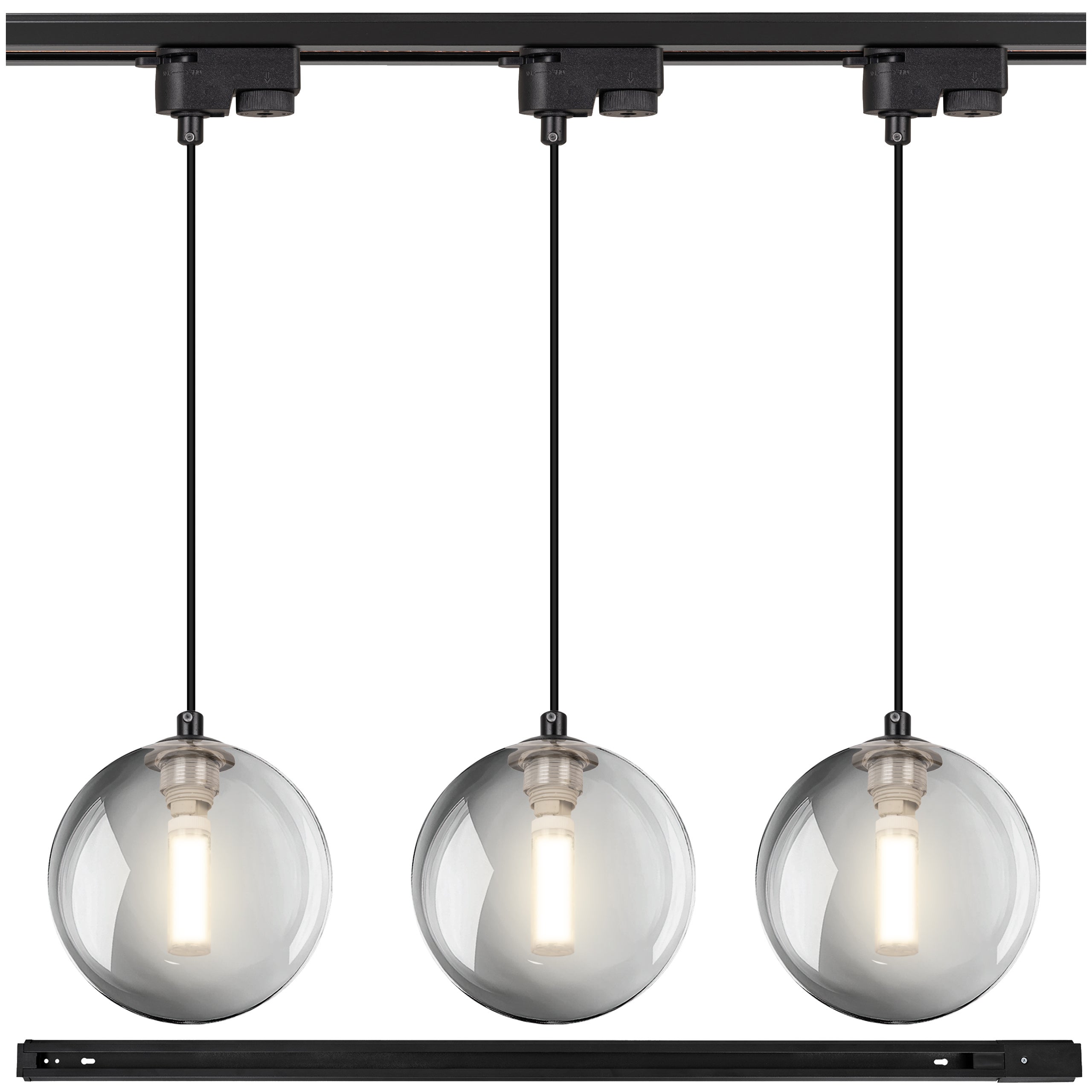 Lampa szynowa wisząca 3x KULA GRAFITOWA klosz dymiony G9 + Listwa szynoprzewód 1m Oprawa OZDOBNA z kablem - LEDHOFF