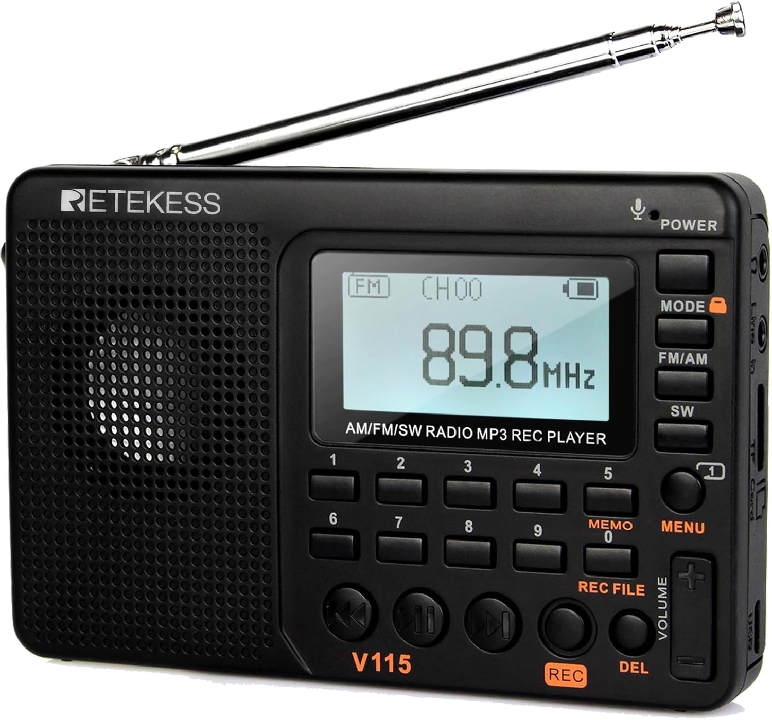 (Czarny) przenośny radioodbiornik V115, małe radio z możliwością ładowania, FM AM SW, zasilanie bateryjne i sieciowe, karta TF, rejestrator, MP3, tim