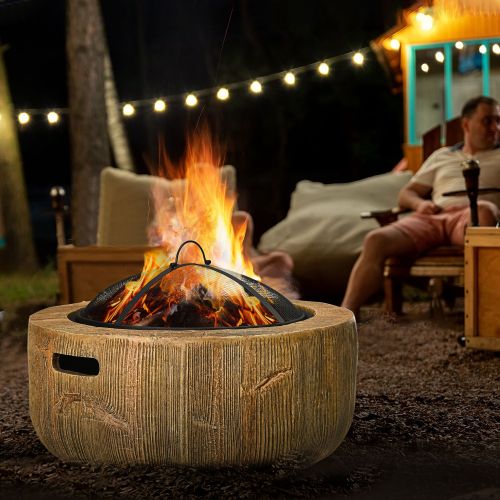 Brasero jardin avec couvercle et crochet, design tronc d’arbre, acier brun, pour terrasse, camping et jardin
