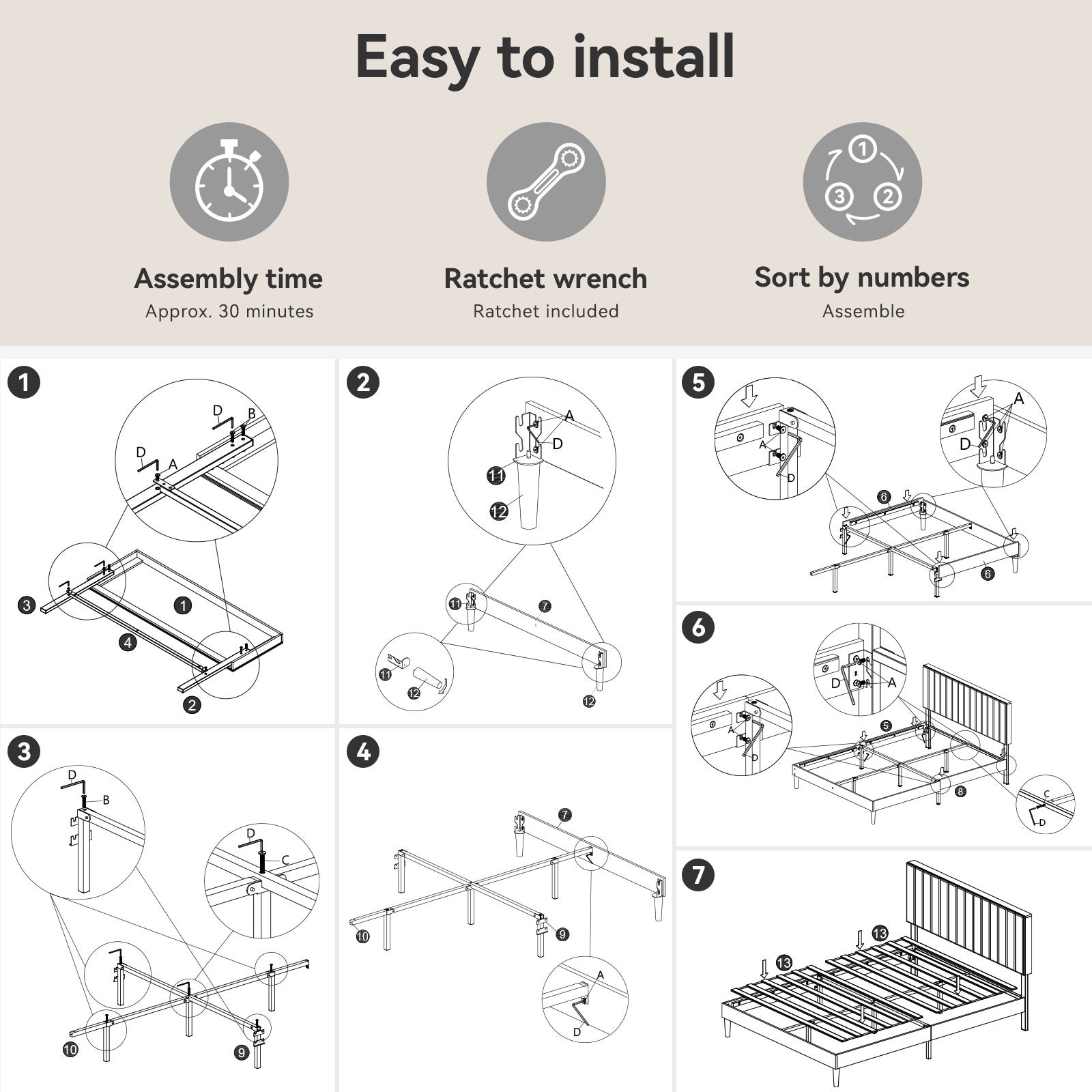 Estructura de cama 140x190 cm,480 kg, espacio 22 cm, Cama doble, para dormitorio, ahorro de espacio, silencioso y estable, tapizada - 8