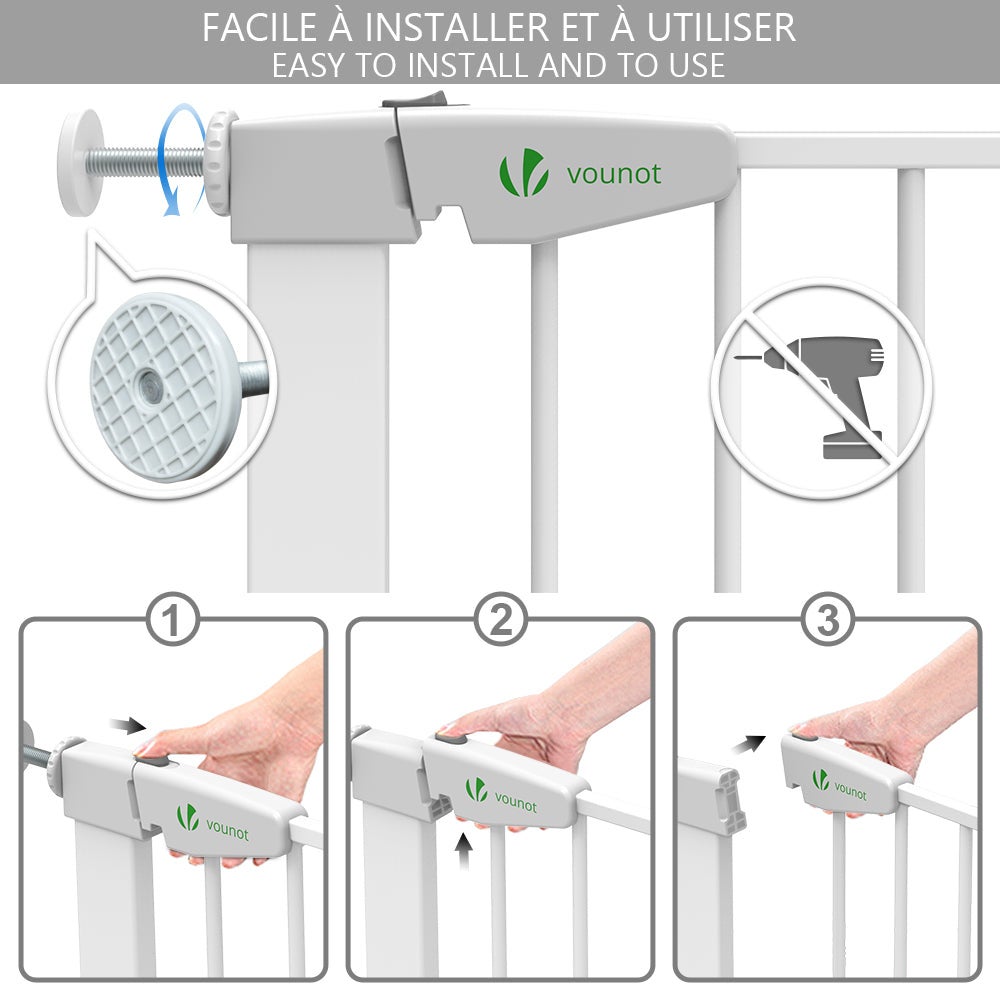 Barrière de sécurité porte et escalier 75-84cm blanc - Sans perçage - Fermeture magnétique - Double verrouillage - VOUNOT® - 6