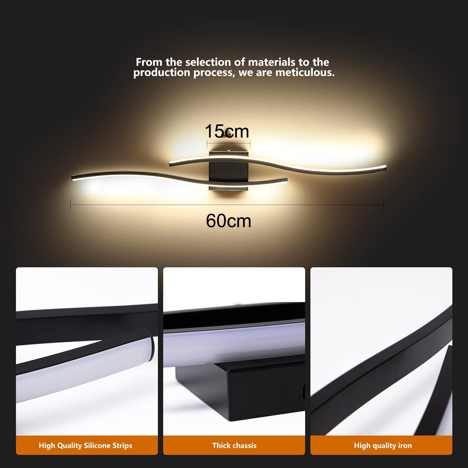 Lampa ścienna LED 60 cm x 15 cm, nowoczesna lampa ścienna łukowa, lampa ścienna LED do wnętrz, lampa sufitowa, 3 temperatury barwowe (3000-6000 K) - 5