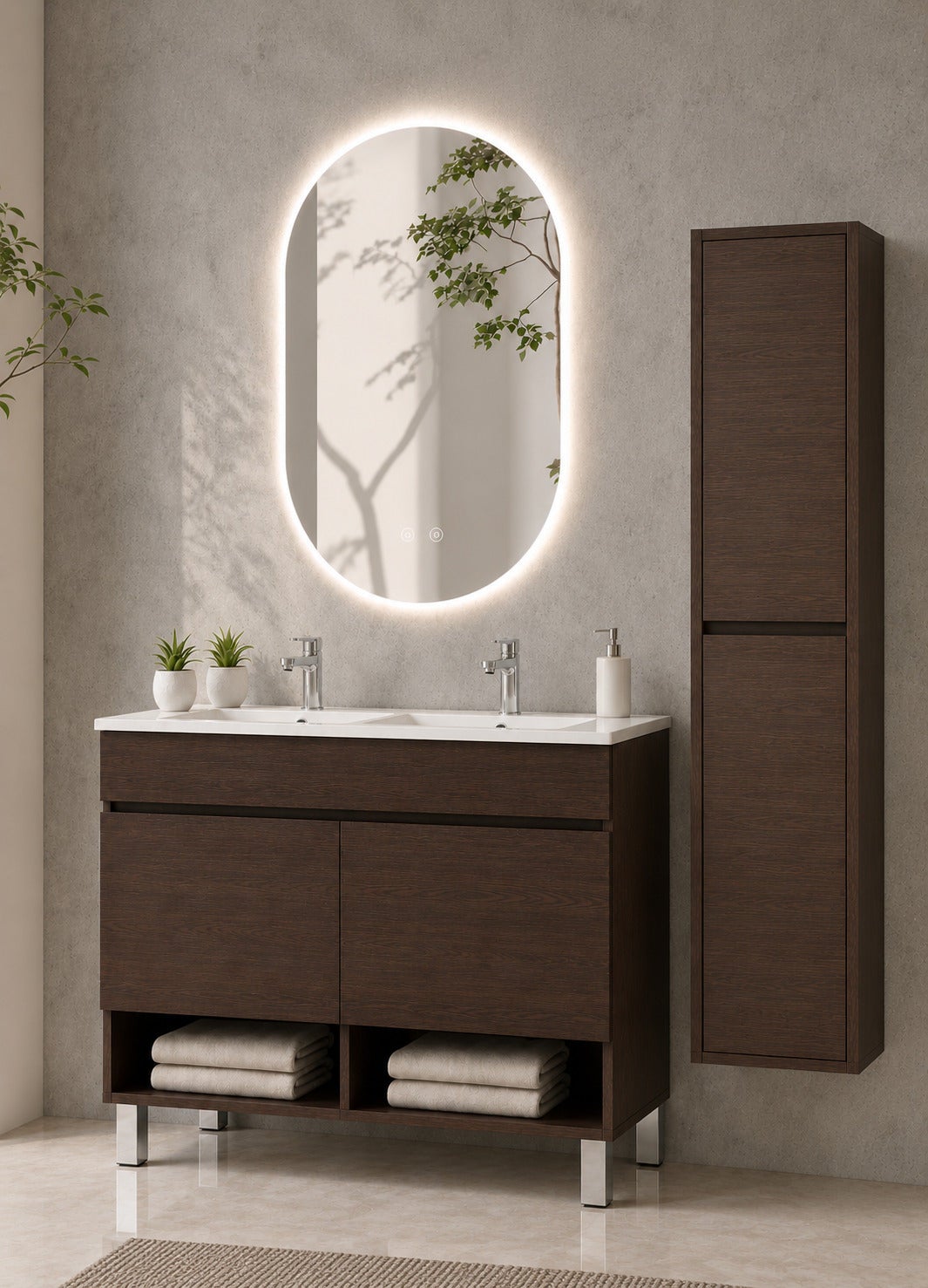 Mobilier de baie cu picioare cu lavoar ORIGENBATH NEBARI cu picioare și uși cu coloană 120x45 cm dublu frasin tea cu coloană