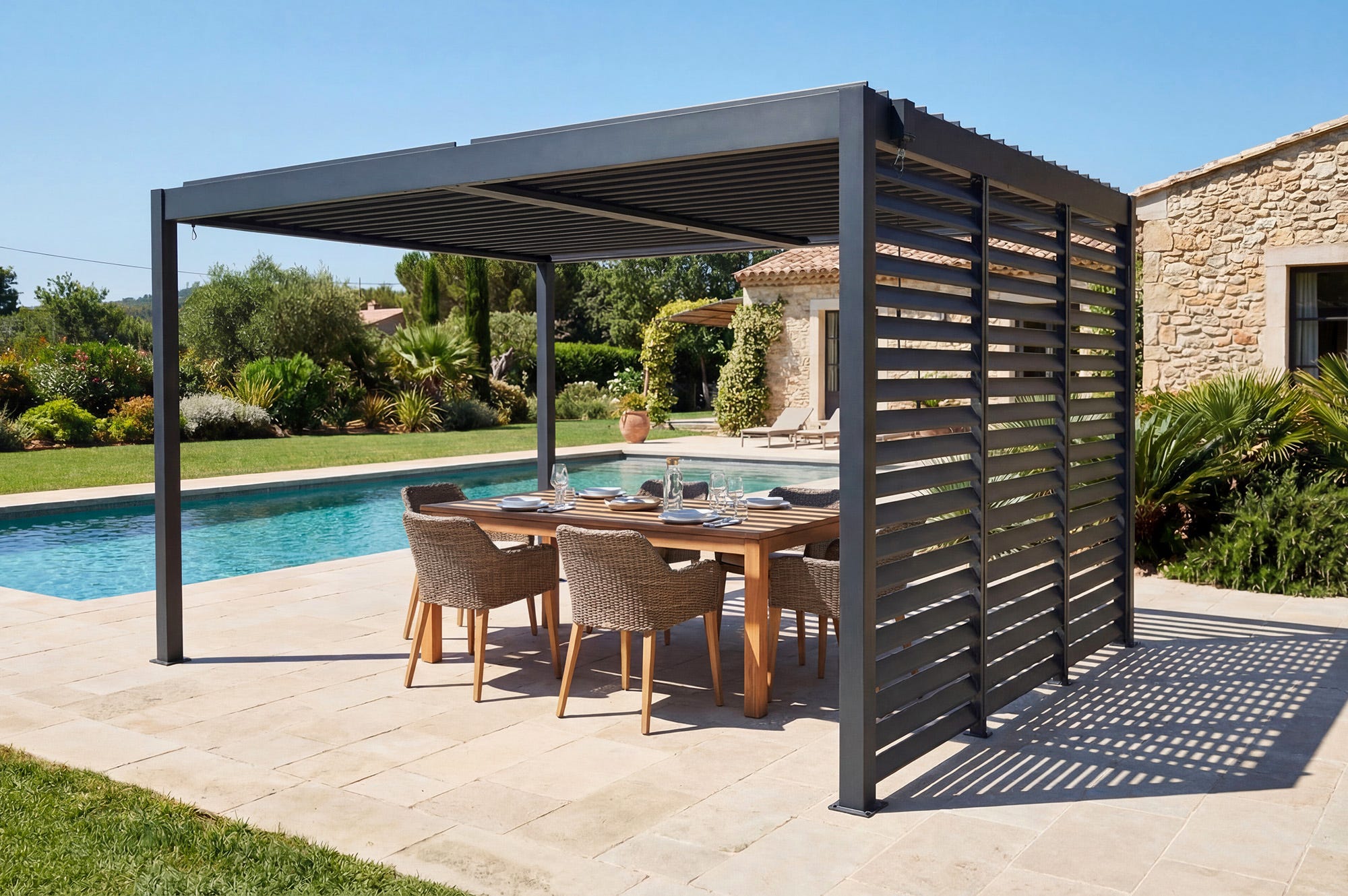 Pergola Bioclimatique Autoport e 3x4m PIANA Aluminium Gris Avec 3 pergola-bioclimatique-autoport-e-3x4m-piana-aluminium-gris-avec-3