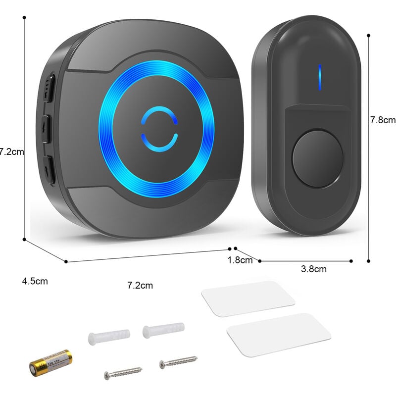 Sonnette de Porte sans Fil 300M IP55 Étanche Carillon Electronique avec Récepteur Enfichable pour la Maison 55 Mélodies LED Noir - 4