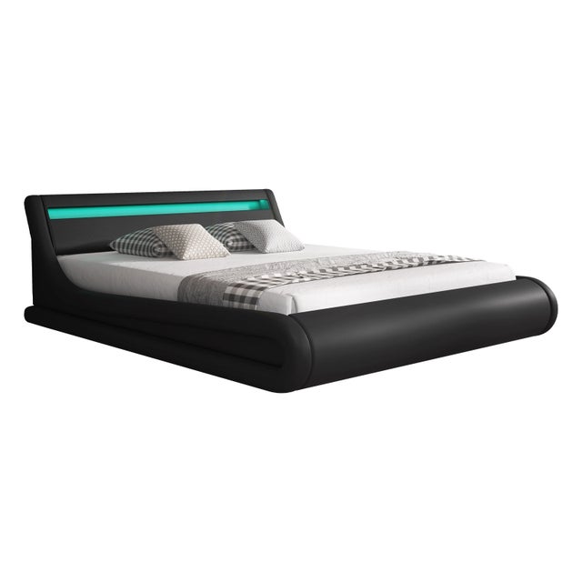 Cama Canapé de matrimonio | Cama doble con Cabecero y Canapé LED | Somier lamas | Negro | Madera y polipiel | Modelo Parisina | Para Colchón 150x190