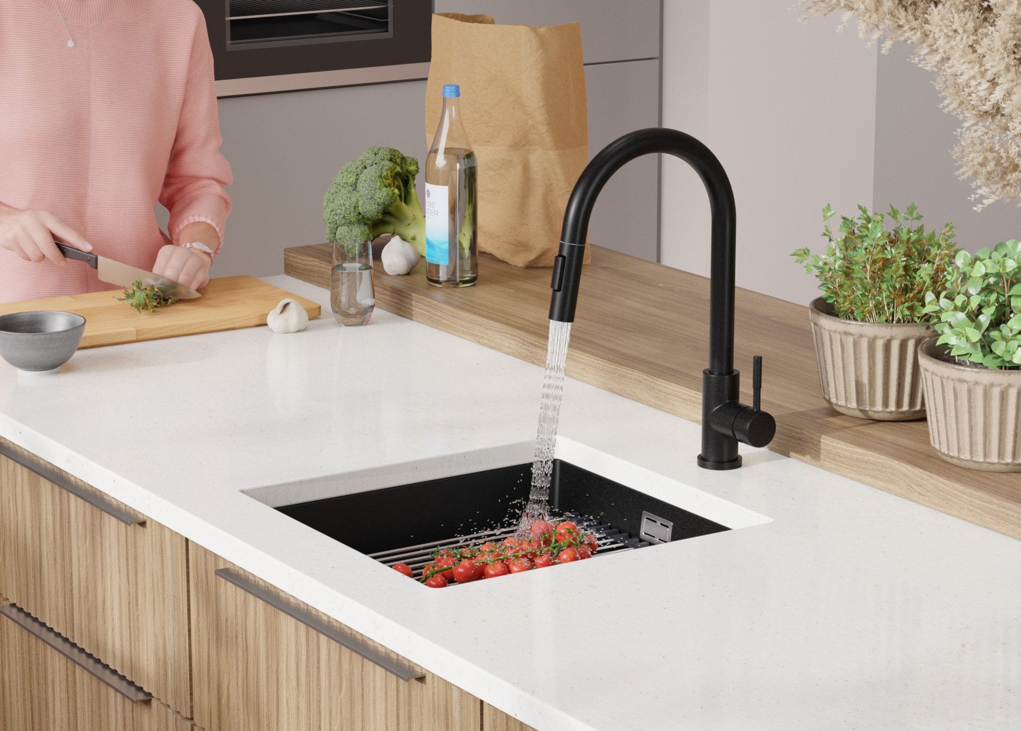 Lavandino sottotop Nero 46x47cm, Lavello in Granito a 1 vasca + Sifone Classico + Accessori, Lavabo da Cucina al mobile 50cm - Prague PRIMAGRAN - 9