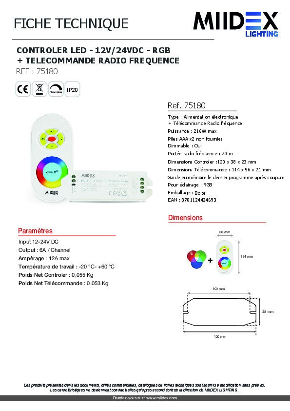 Contrôleur LED RGB 216W - Télécommande RF 20m - 12V/24V DC - Dimmable - 7