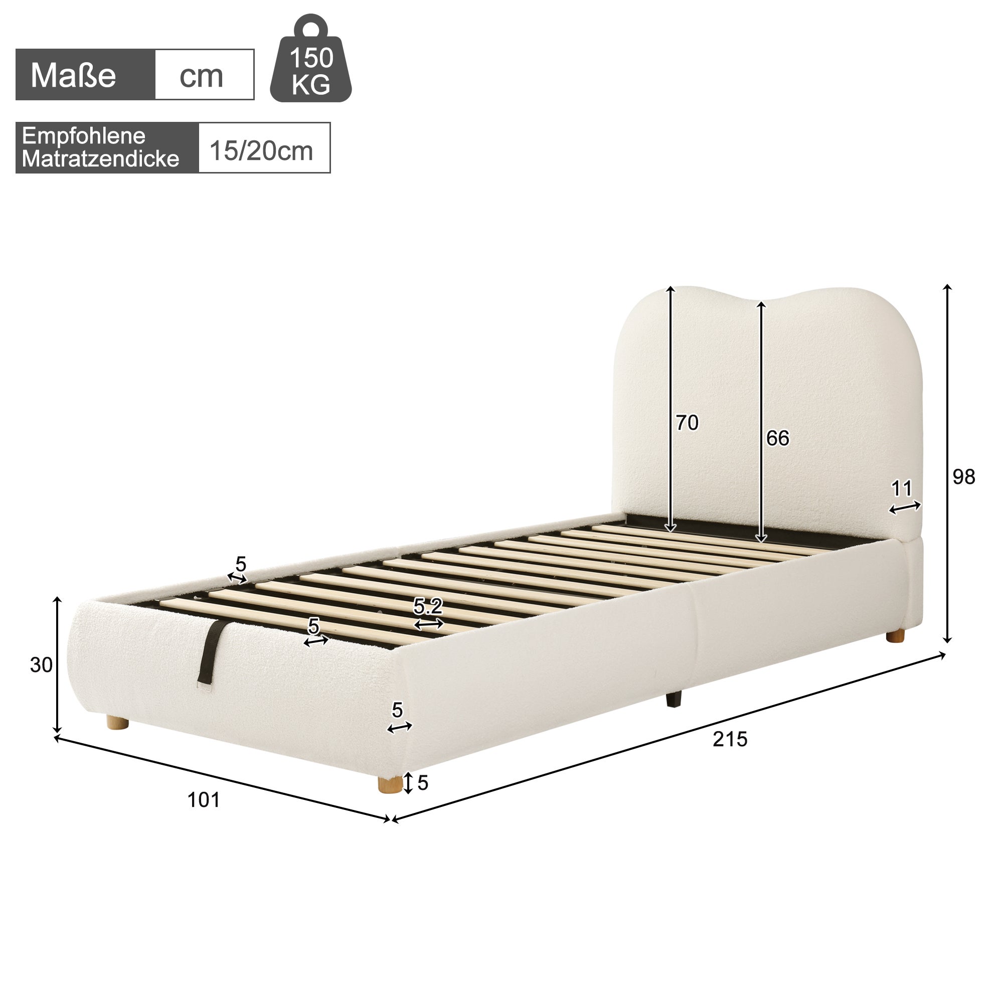 Łóżko dziecięce z pojemnikiem 90 x 200 cm - Z tapicerowanym zagłówkiem - Pojemnik pod łóżkiem - Tkanina Boucé - Beż - 6