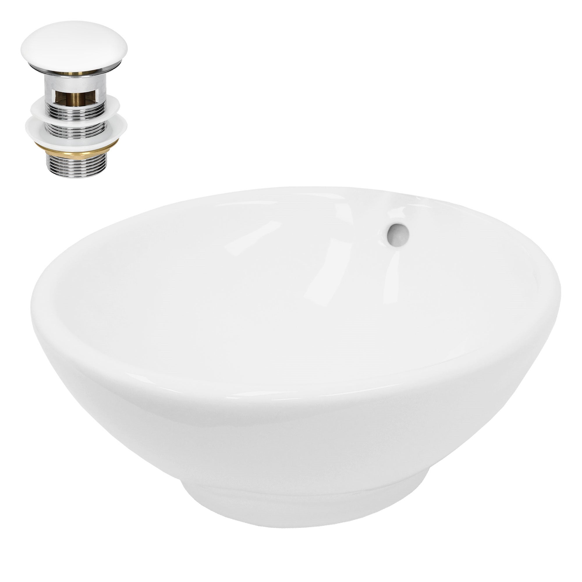 Lavoar de baie LuxeBath, Ø 42 x 17 cm, din ceramica, forma rotunda, cu ventil pop-up si preaplin, fara orificiu pentru baterie, chiuvetă pe blat, alb