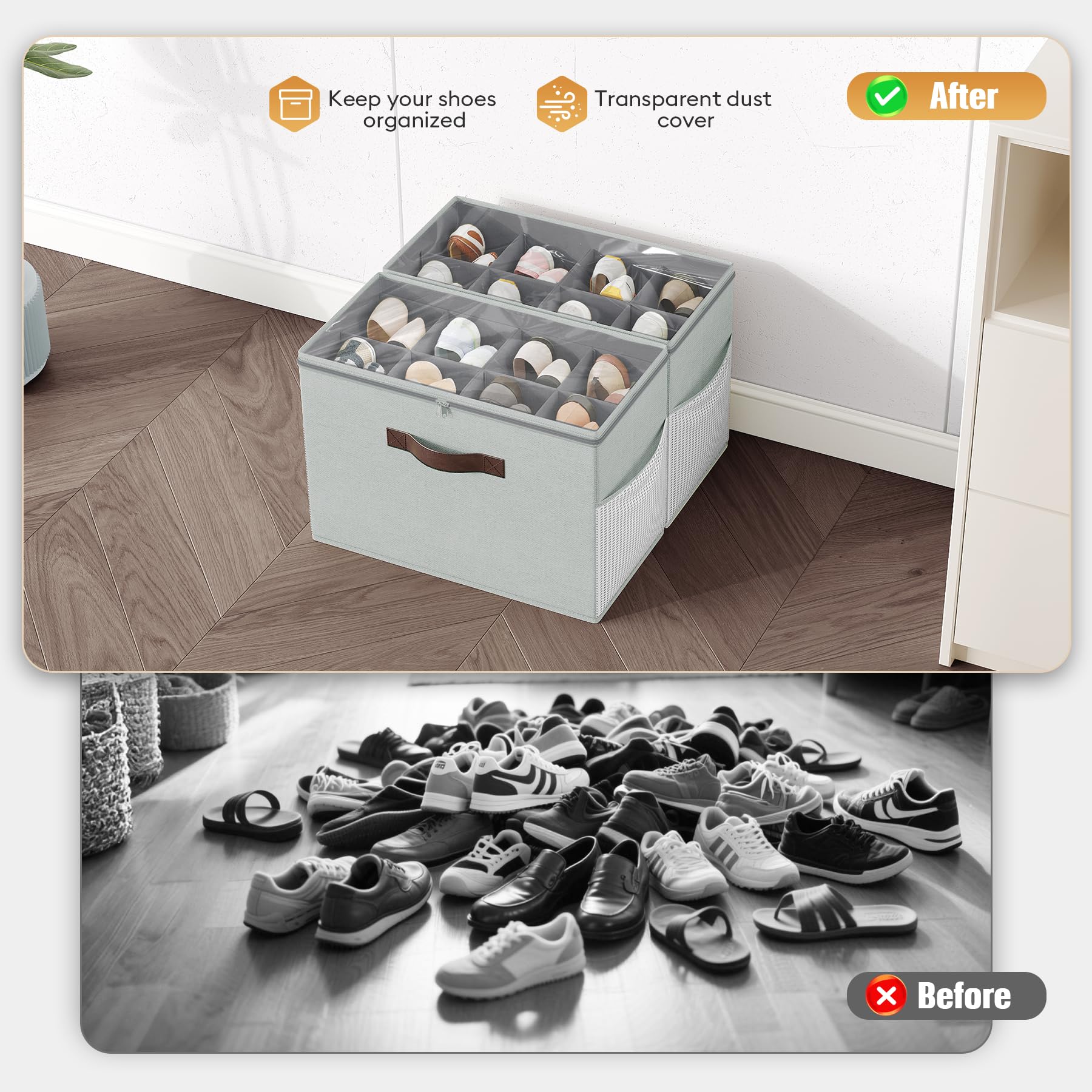 BEXTCOK 2 bacs de rangement pour chaussures, bacs pliables à compartiments avec couvercle, bacs de rangement anti-poussière pour sous le lit - 4