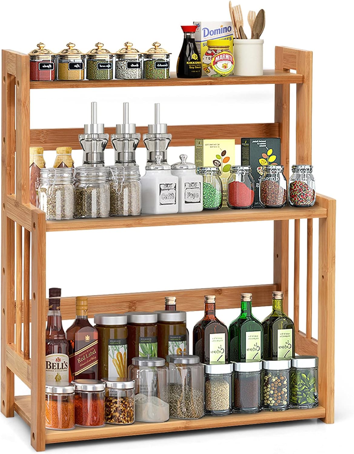 Regał na Przyprawy z Naturalnego Bambusa, 3-Poziomowy Stojak na Przyprawy z Regulowaną Półką, Półka do Przechowywania w Kuchni, 41,5 x 18 x 50 cm