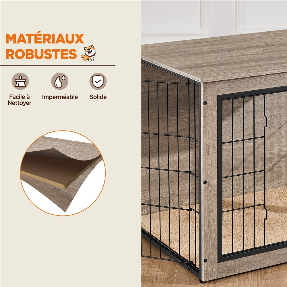Cage pour Chien en Bois avec 2 Portes Grillagées à Double Serrure et Tapis Pelucheux, Gris Yaheetech - 8