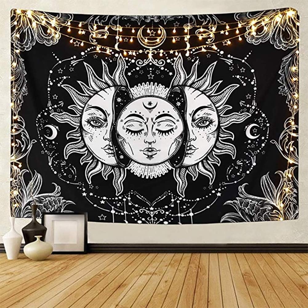 148 cm x 200 cm gobelin Tarota Słońce i Księżyc, psychodeliczny, niebiański, czarny gobelin, hipisowska, boho, indyjska mandala ścienna