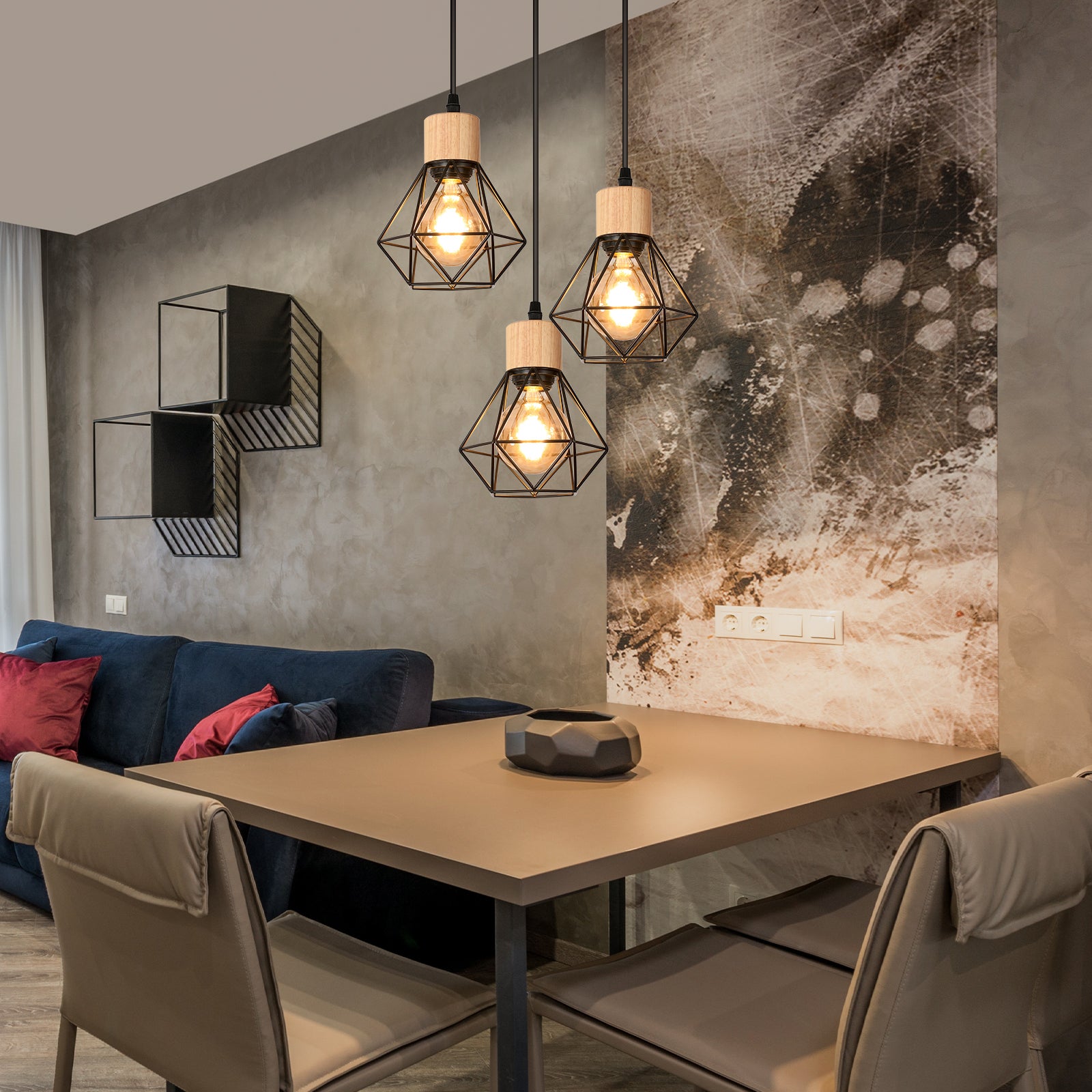 GOECO Lustre Suspension en Diamant, Noir - 3 Têtes, Châssis Rond 30 CM, fil 1m(Réglable), Base E27(sans Ampoule) - 4