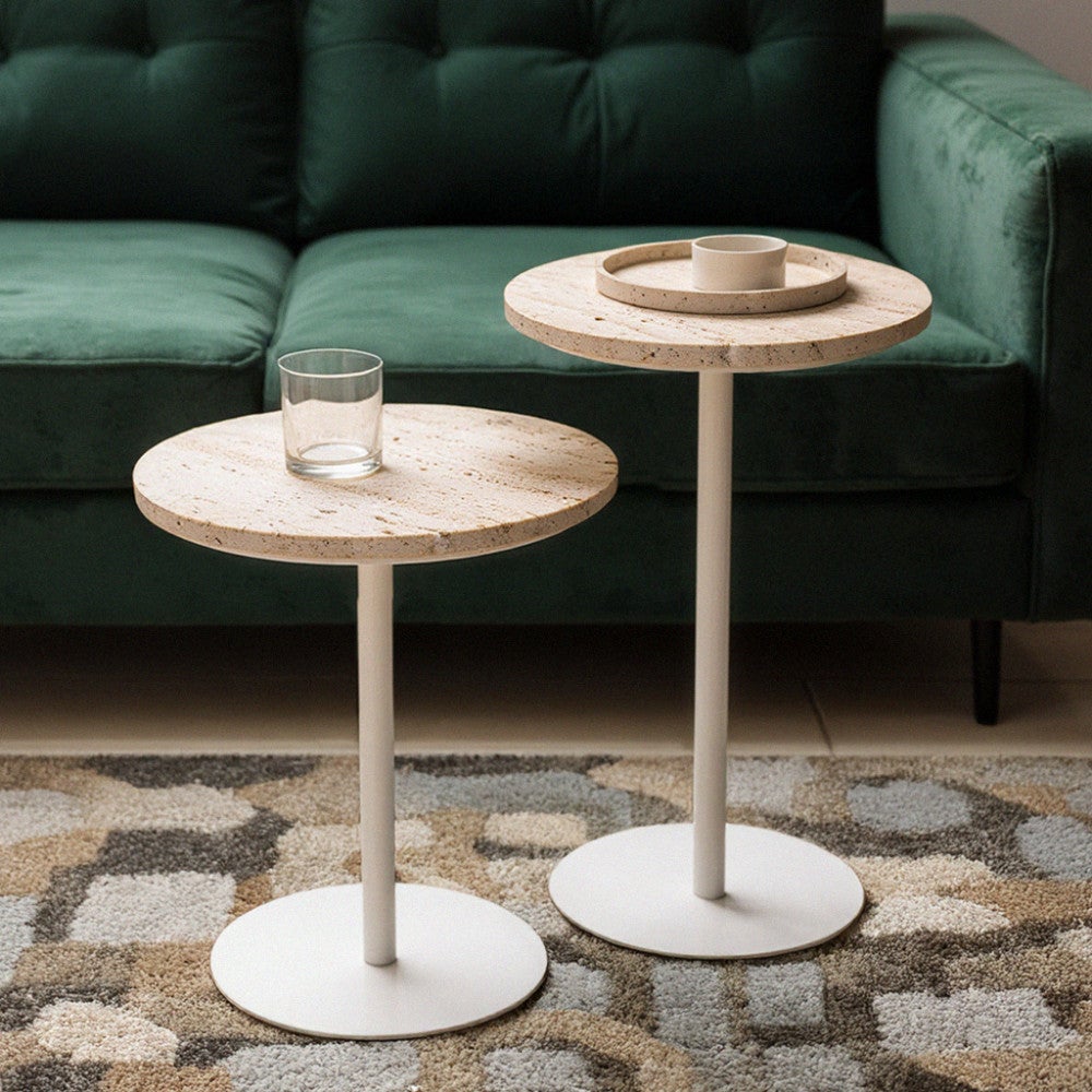 Rito - Table d'appoint en métal et travertin ø35cm - Beige - 7