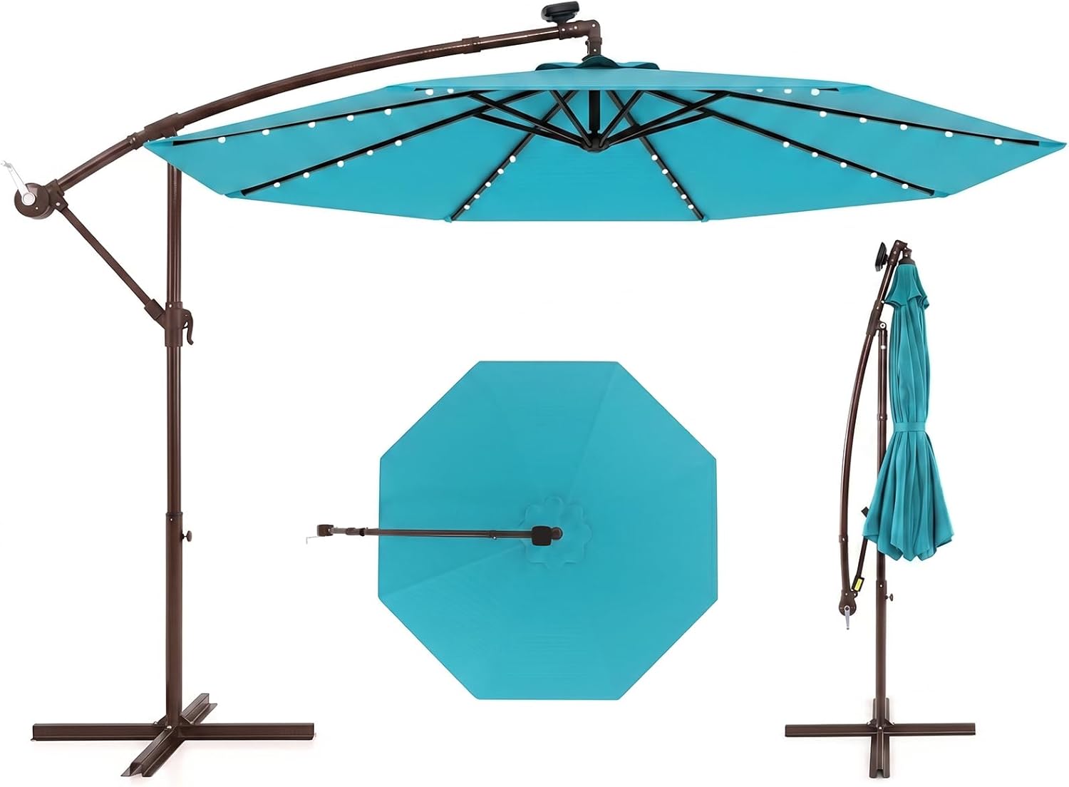 3M Parasol Ogrodowy Boczny z Wysięgnikiem i światłem LED, 8 Żebrami i Podstawą Krzyżową, Regulacją Nachylenia i Korbką (Turkusowy)