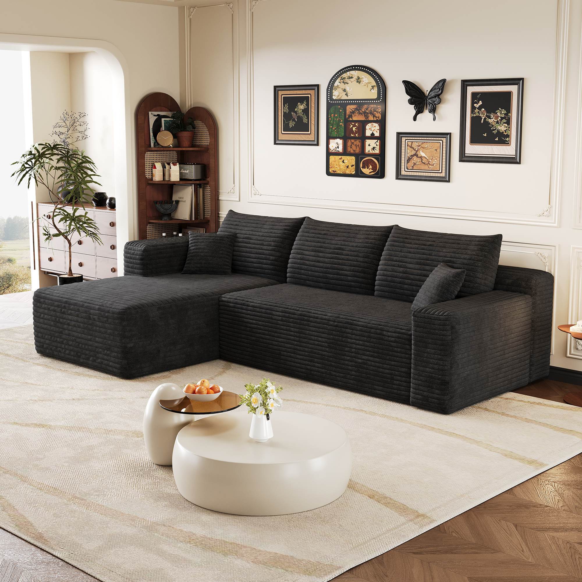 Canapé d'angle Cloud 241 cm en velours côtelé noir assise profonde méridienne confortable sans montage salon moderne minimaliste - 2
