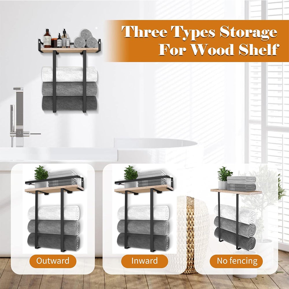 Toallero de baño de lujo - Soporte de metal montado en la pared con estante de madera para almacenar toallas grandes, ahorra espacio - 3