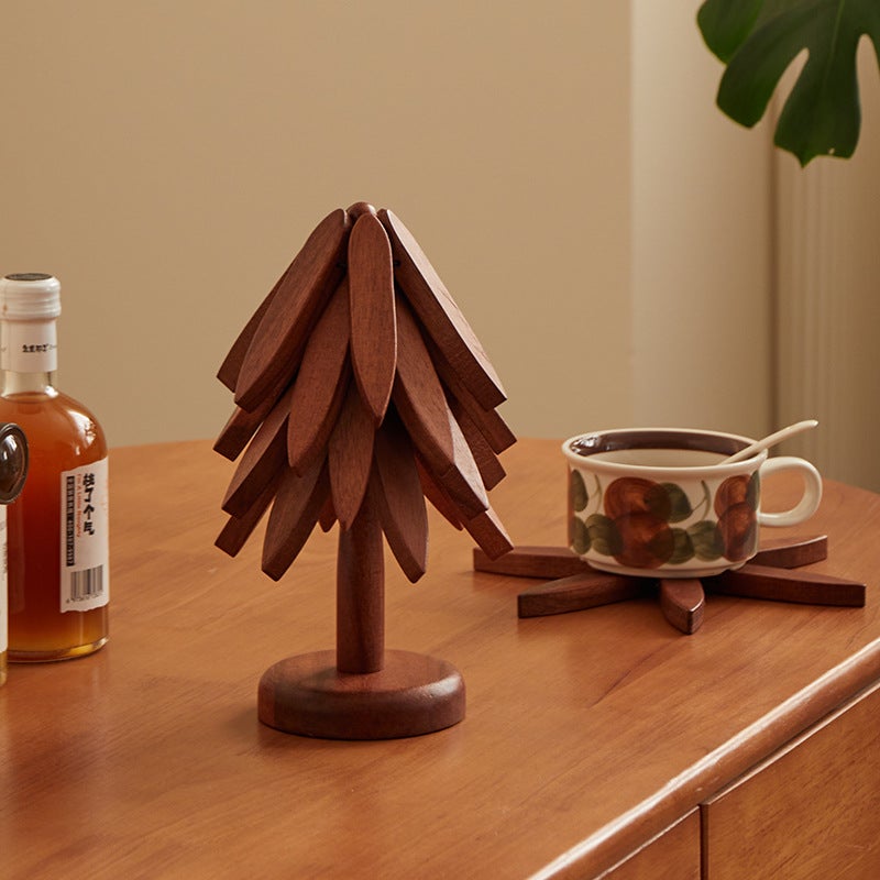 Sottopentola In Legno A Forma Di Albero – Set Da Cucina Con 3 Sottopentola Pieghevoli E 1 Supporto, Sottobicchieri Per Piatti Caldi, Design In Noce/Ebano, Decorativo E Funzionale - 4