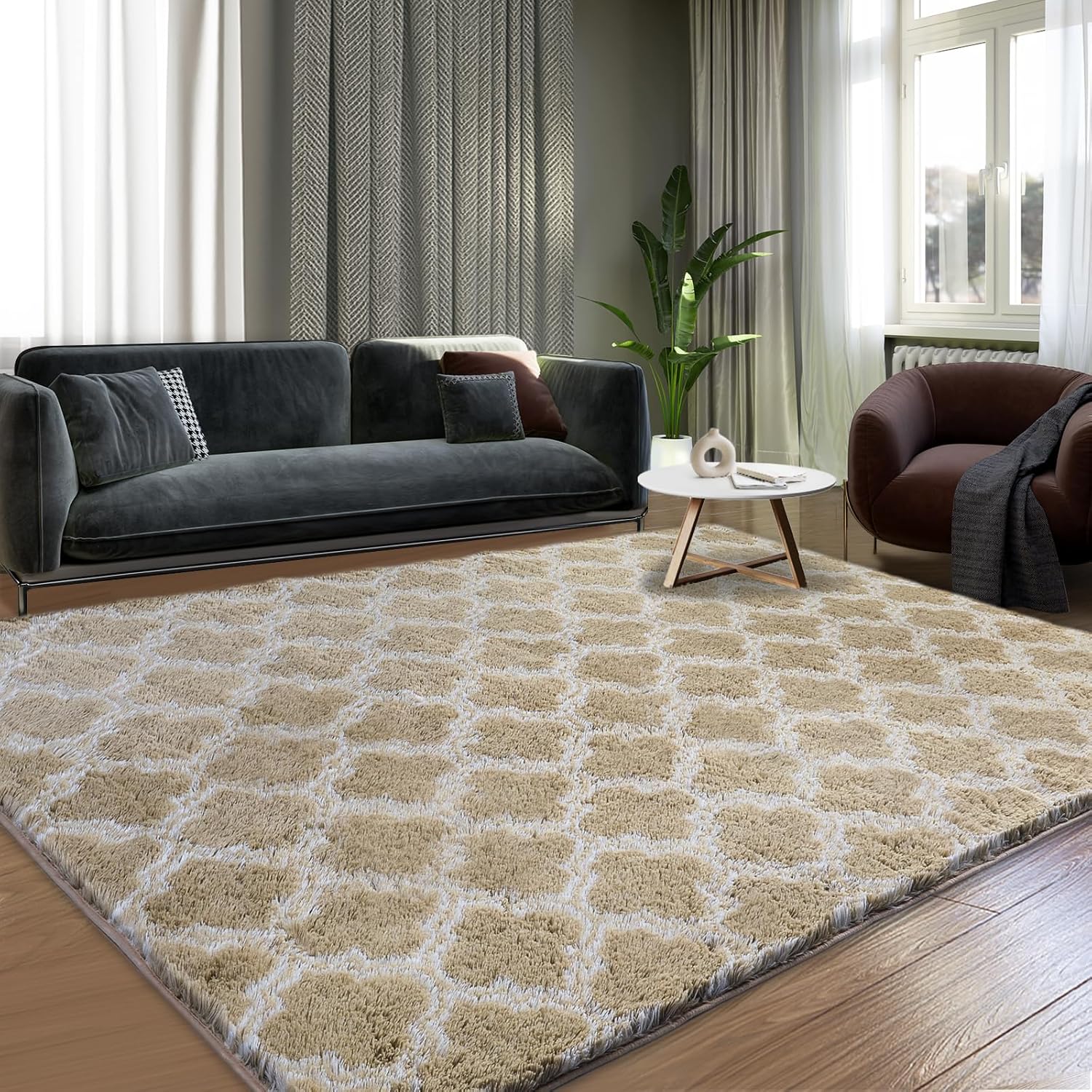 WAHIKASKI Rugs Grand tapis de salon à poils courts - 160 x 230 cm - Motif abstrait vert - Lignes dorées - Lavable - Pour chambre à coucher, cheminée, bureau, cuisine