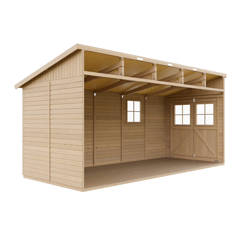Cobertizo de madera para jardín SIN PARED LATERAL- CON SUELO TRATADO – H244x211x514 cm/10m2 Cobertizo de madera natural - TIMBELA M341+M341G - 2
