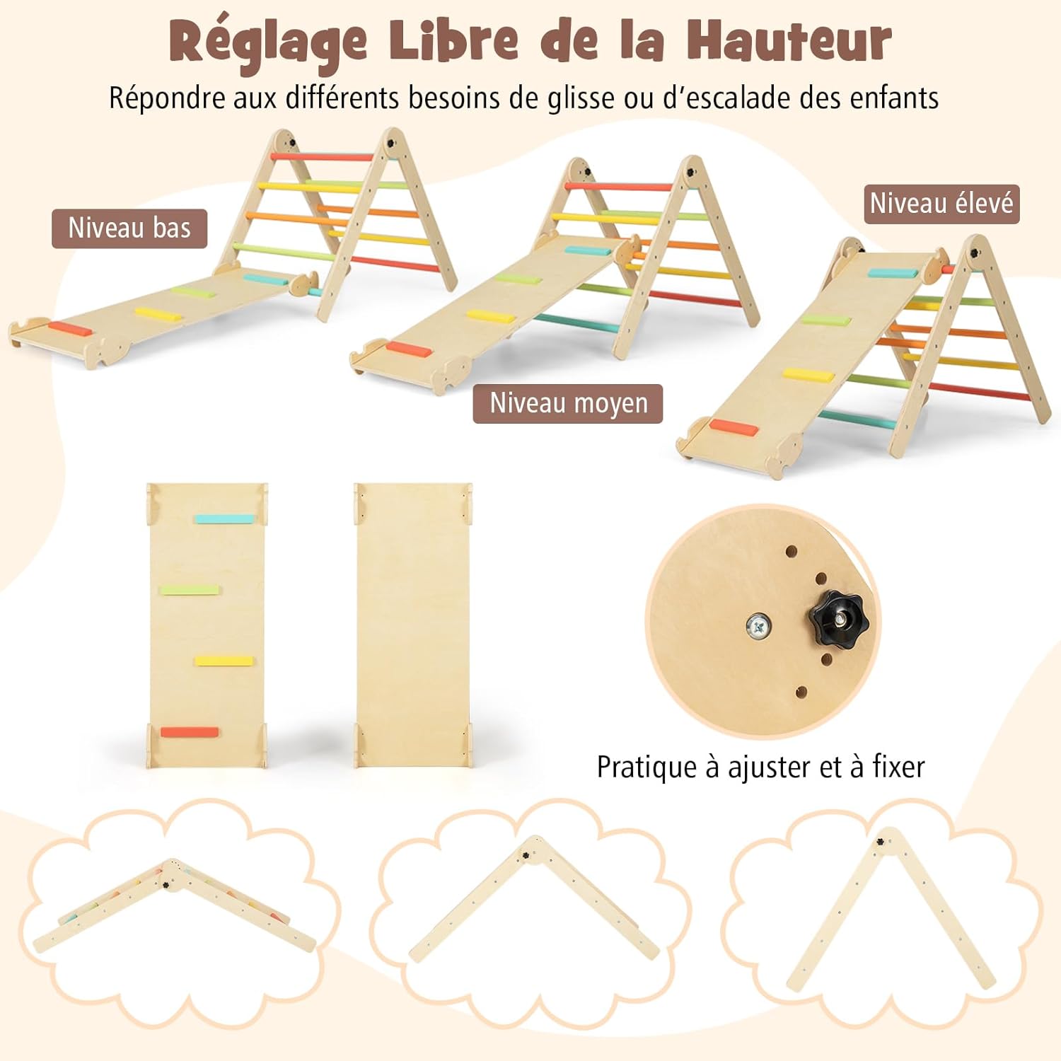 7 en 1 Triangle d'escalade Montessori avec Rampe Réversible, en Bois avec Tableau Noir, Table et Chaise, Charge 60kg (Multicolore) - 3