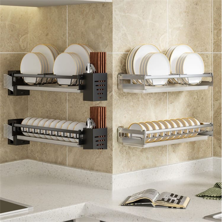 Lot de 2 étagères murales sans perçage, égouttoir à vaisselle en acier noir pour bols et assiettes, capacité 10 bols, 44 x 15 x 6 cm - 6