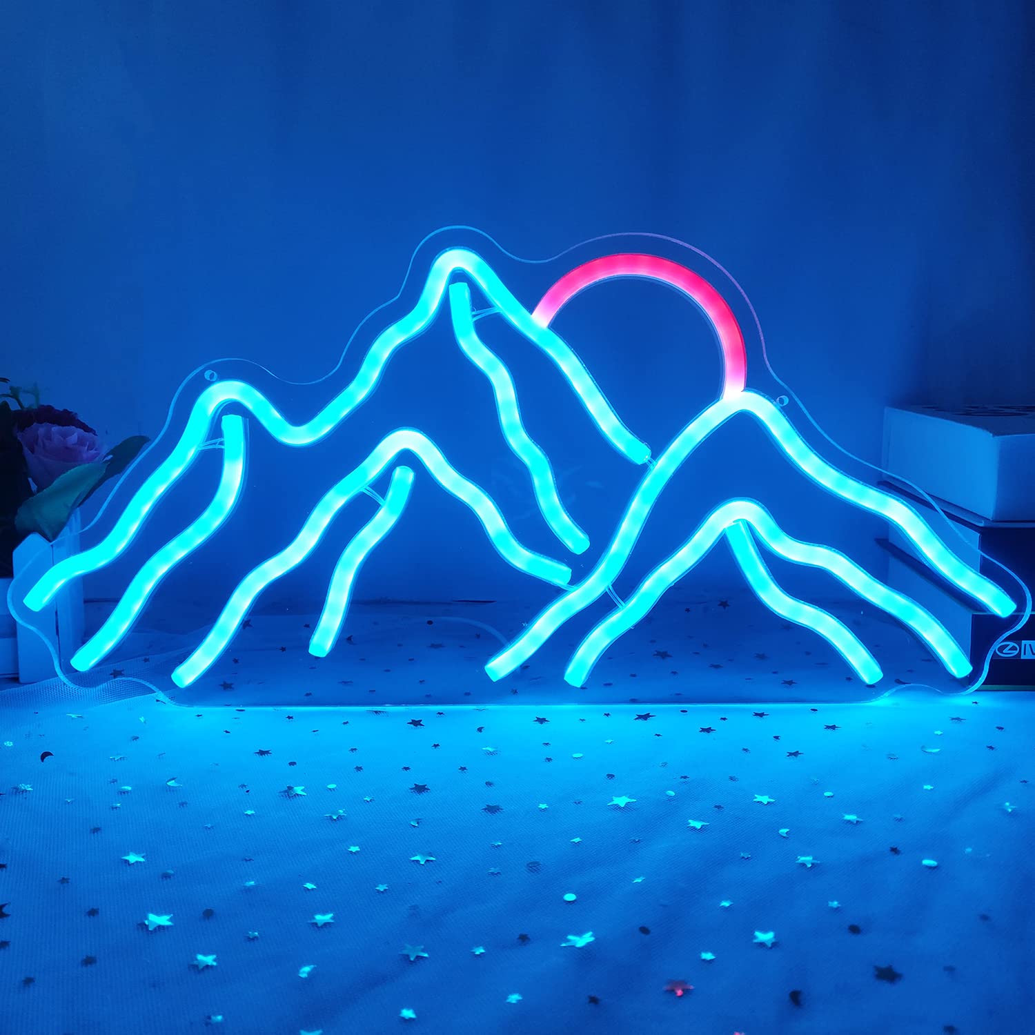 Neonowy panel LED z motywem górskim, 43x20cm, wschód i zachód słońca do sypialni, salonu, hotelu, dekoracja ścienna, prezent na Boże Narodzenie