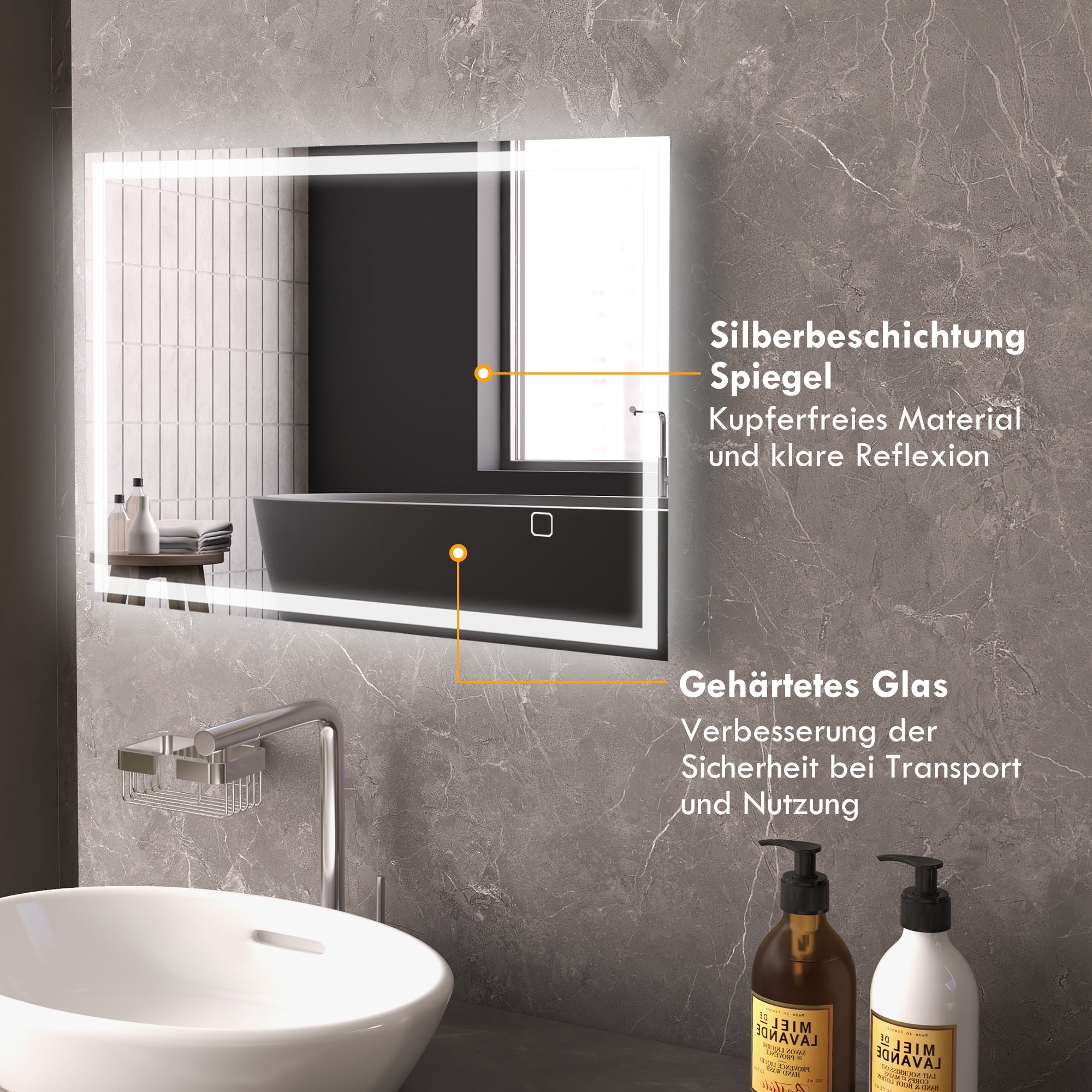 Specchio da bagno, specchio da parete con LED e interruttore touch, bianco - 8