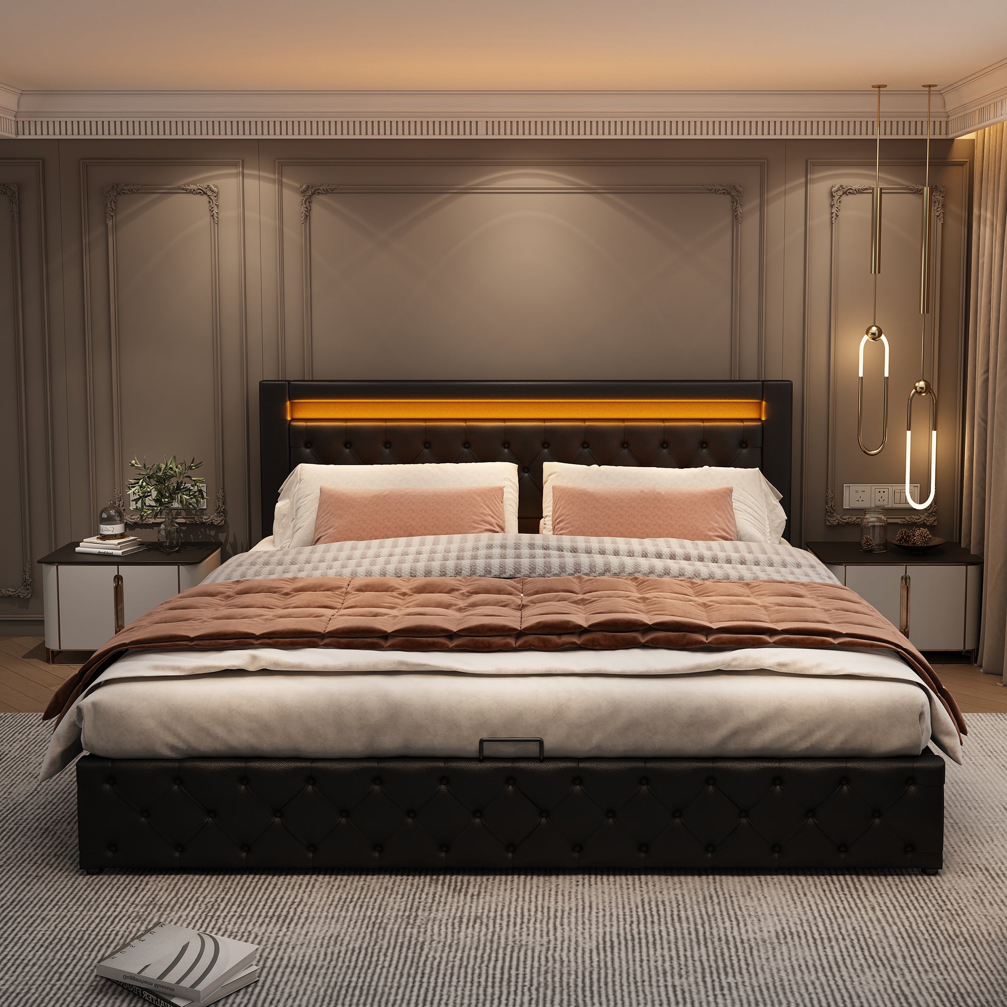 Cama contenedor con cabecero - 160 x 200 cm - Cuero PU y LED - Somier de láminas - Estilo contemporáneo - Negro - 2