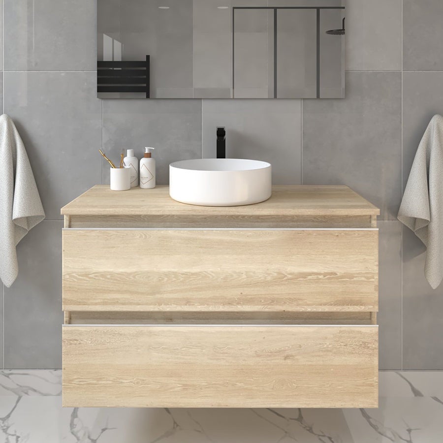 Meuble de salle de bain 2 tiroirs avec vasque à poser ronde BALEA - Bambou (chêne clair) - 100cm - 2