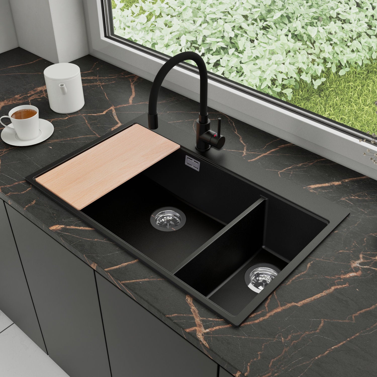 Zlewozmywak Granitowy 78x50cm, do szafki od 80cm + Bateria + Syfon + Deska - Rubin Czarny STONESTYLE