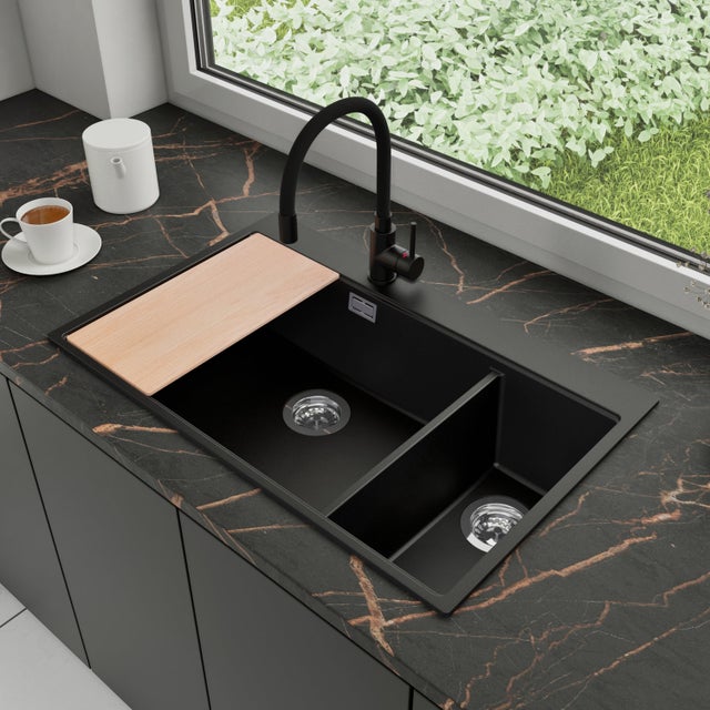 Zlewozmywak Granitowy 78x50cm, do szafki od 80cm + Bateria + Syfon + Deska - Rubin Czarny STONESTYLE