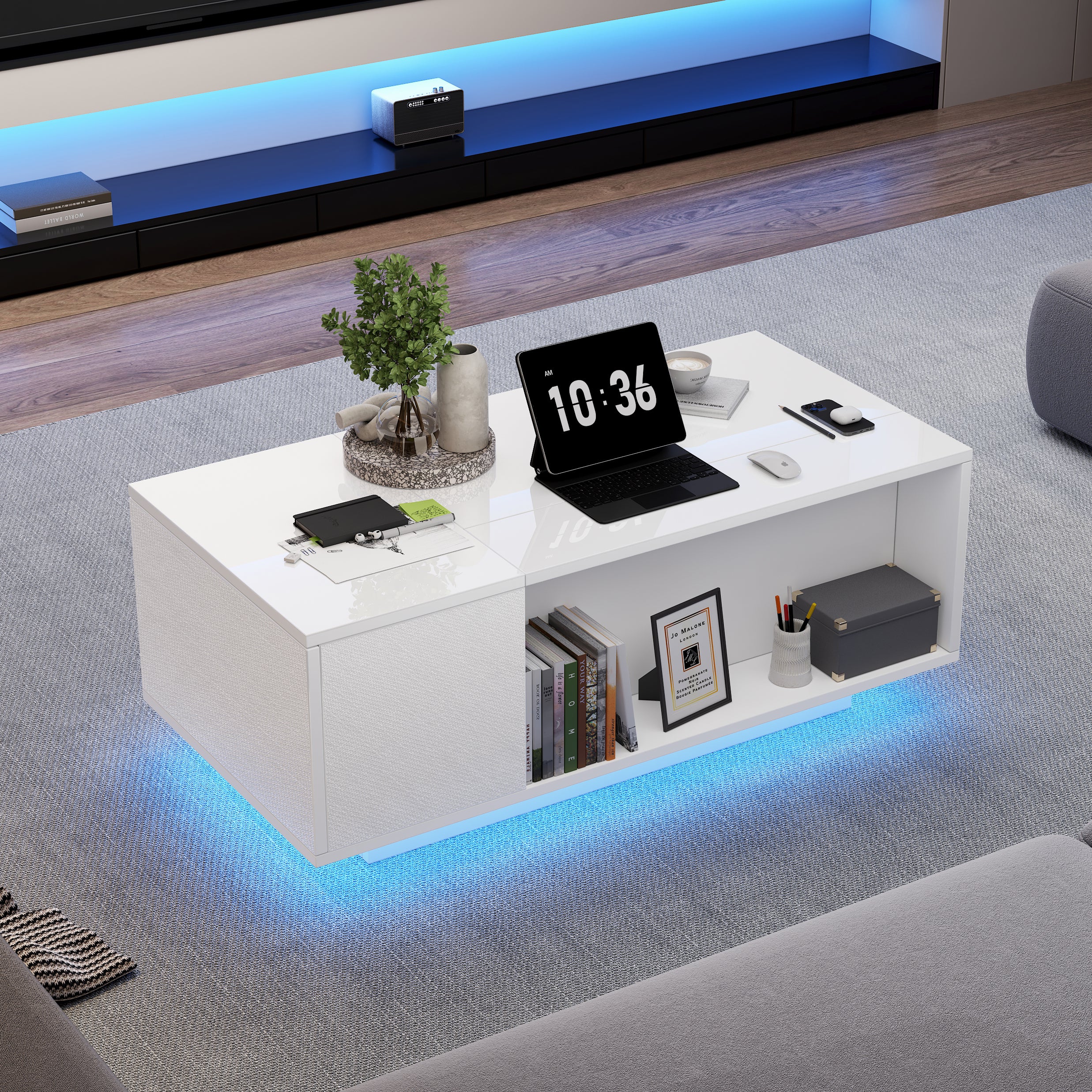Table basse avec plateau revelable - 1 tiroir et 1 compartiment - 100 x 50 x 40 cm - LEDs - Panneau de particules - Blanc - 3