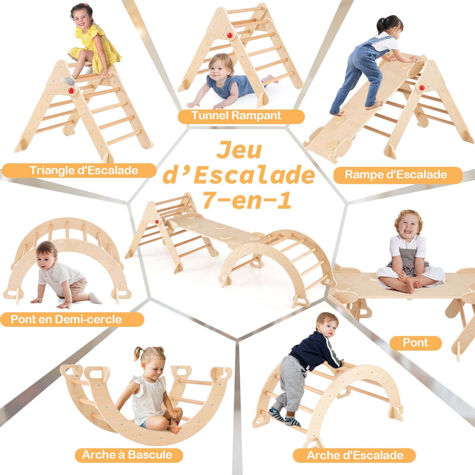 7 en 1 Triangle Arche Montessori, Arche d'escalade Enfants avec Toboggan Bois,Rampe, Échelle Réglable, Parcours Motricité Bois Montessori - 4