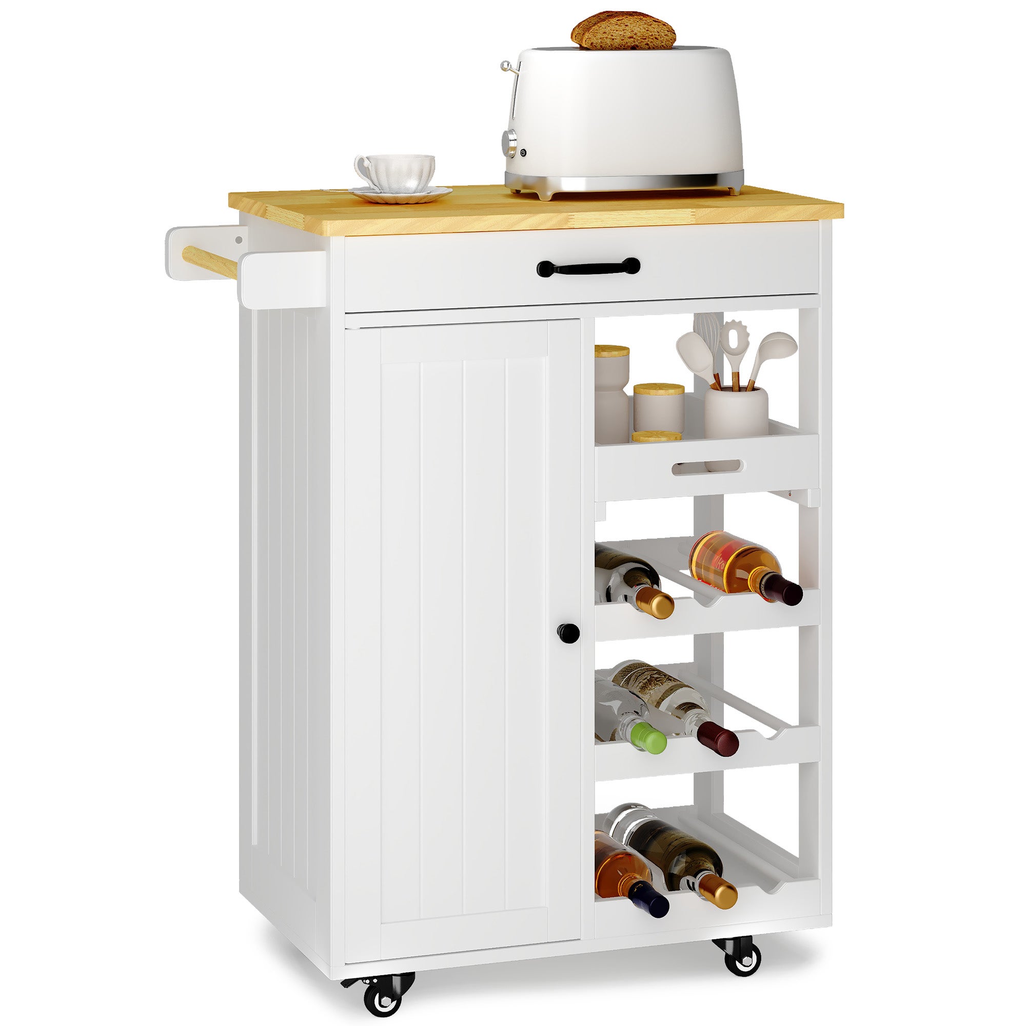 Desserte de cuisine mobile sur roulettes blanc - Chariot avec range-bouteilles, tiroir et plan de travail en bois MDF - 64x40x91cm - 2