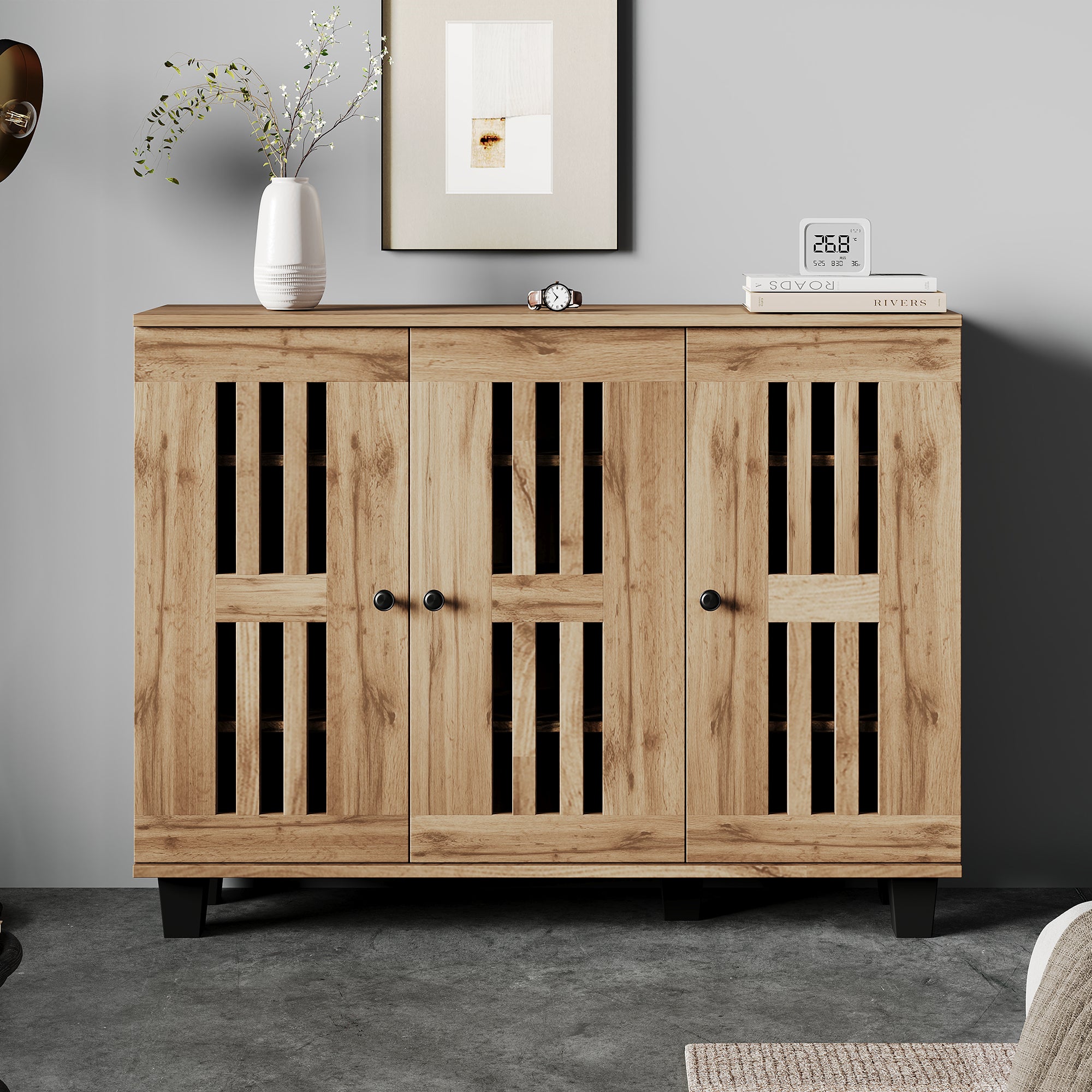 Komoda niska z 3 drzwiami - 120 x 32 x 92 cm - Płyta wiórowa - do salonu lub kuchni - Drewno naturalne