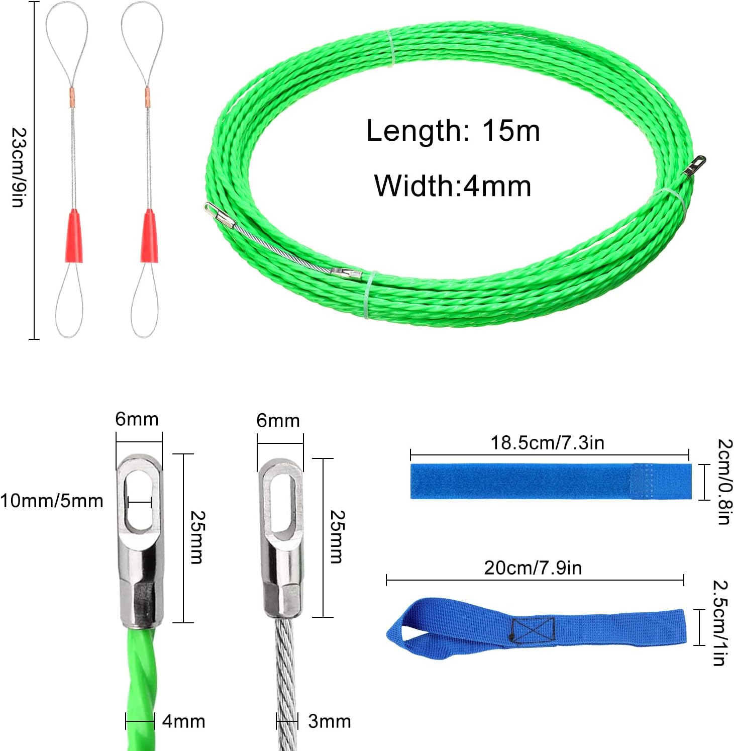 Aiguille Electricien Rigide,15M Tire Fils Electrique 4,5mm Diamètre, avec 2 Tête Flexible de Guidage,Aiguille Passe Cable, Enfileur Fils - 2