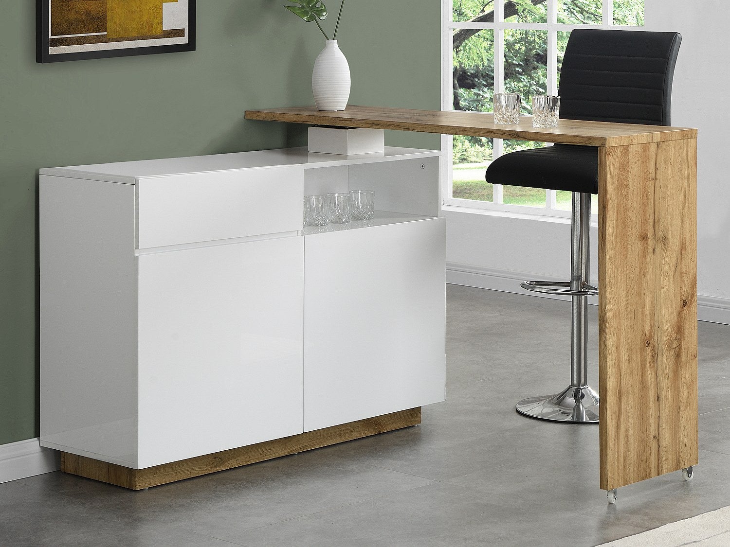Obrotowa szafka barowa ELDIR – 2-drzwiowa z 1 szufladą i 1 wnęką – MDF – kolor biały z połyskiem i dębowy