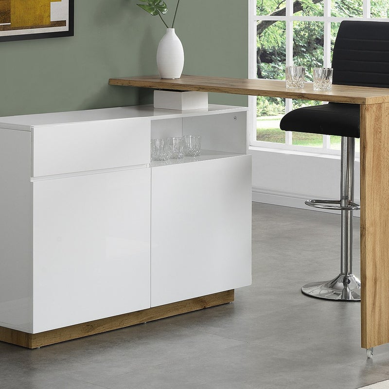 Obrotowa szafka barowa ELDIR – 2-drzwiowa z 1 szufladą i 1 wnęką – MDF – kolor biały z połyskiem i dębowy