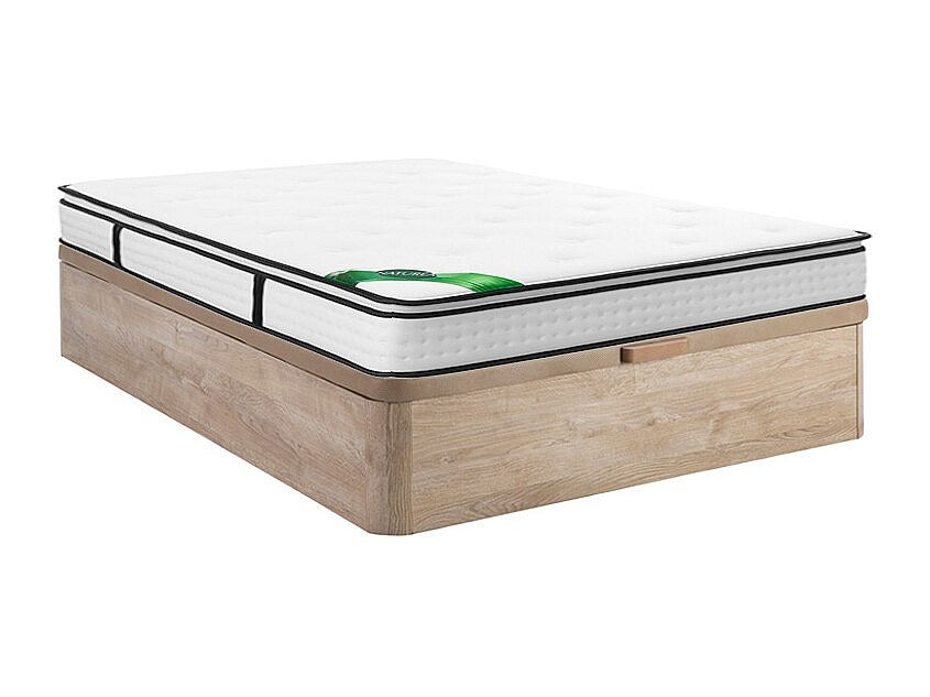 Zestaw 160 x 200 cm: stelaż skrzyniowy w jasnym naturalnym kolorze + materac z 7-strefowymi sprężynami kieszeniowymi, wbudowanym topperem i pokrowcem