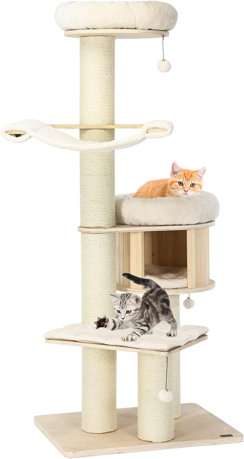 Arbre à Chat en Bois à 5 Niveaux 174cm avec Coussin en Peluche, Arbre à ...
