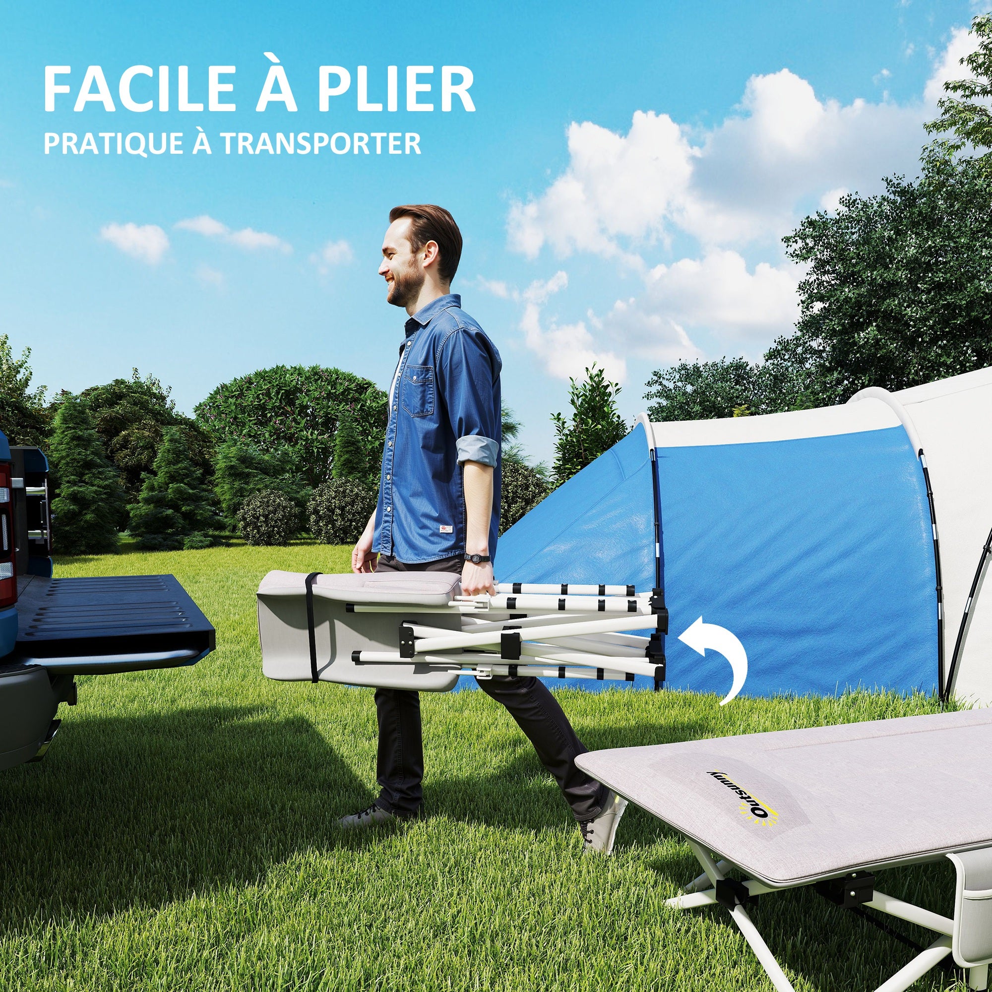 Lit de camping Outsunny pliable avec matelas transat chaise longue sac de rangement intégrée dim. 185L x 65l x 37H cm gris - 4