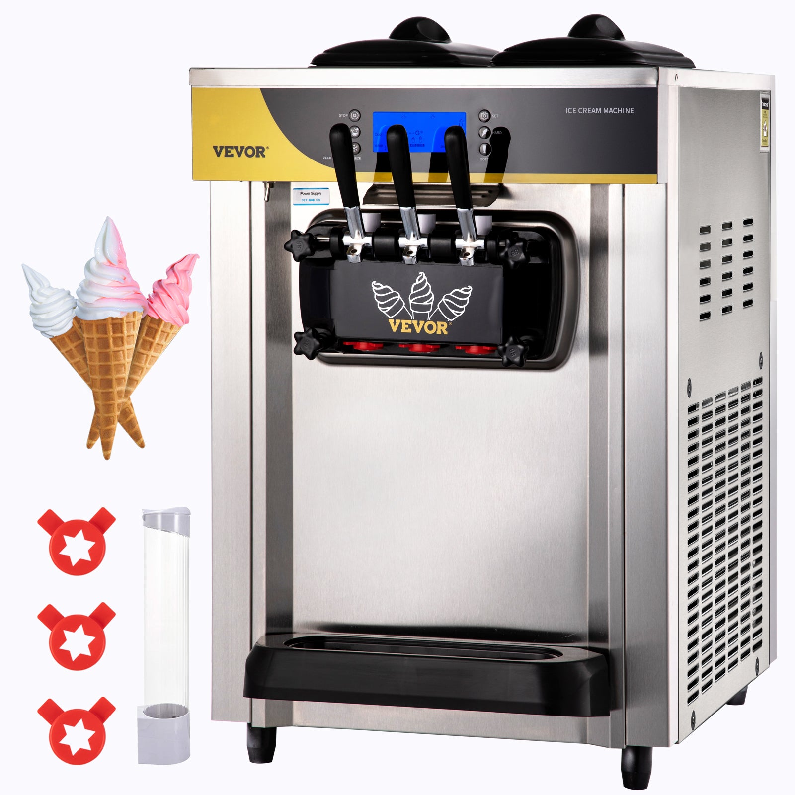 Machine à Crème Glacée Commerciale YKF-8218T - 2 Trémies 6L Inox, Production 20-28L/h, 3 Saveurs, Compresseur 2200W, écran LCD