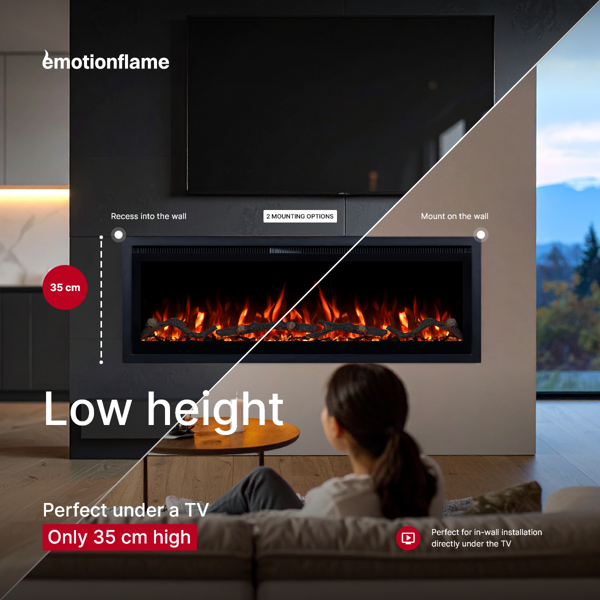 Kominek elektryczny Emotion Flame Regal 182 - ogień premium - na ścianę i do zabudowy - 182x35x12 cm - kominek LED z grzaniem 900/1800 W