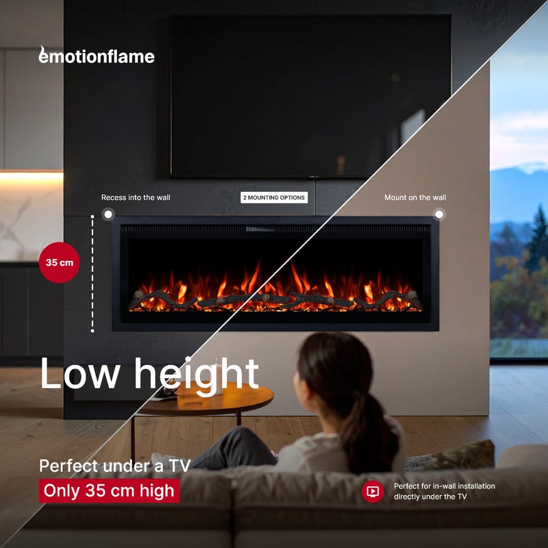 Kominek elektryczny Emotion Flame Regal 182 - ogień premium - na ścianę i do zabudowy - 182x35x12 cm - kominek LED z grzaniem 900/1800 W