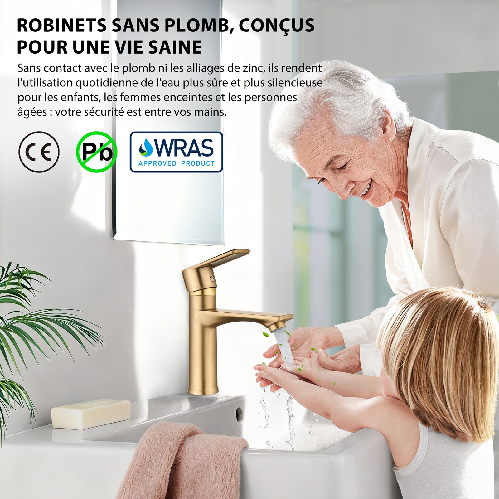 Mitigeur Lavabo Doré en Laiton avec Levier Unique, Robinet Salle de Bain Eau Chaude et Froide pour Lave-Mains - 3