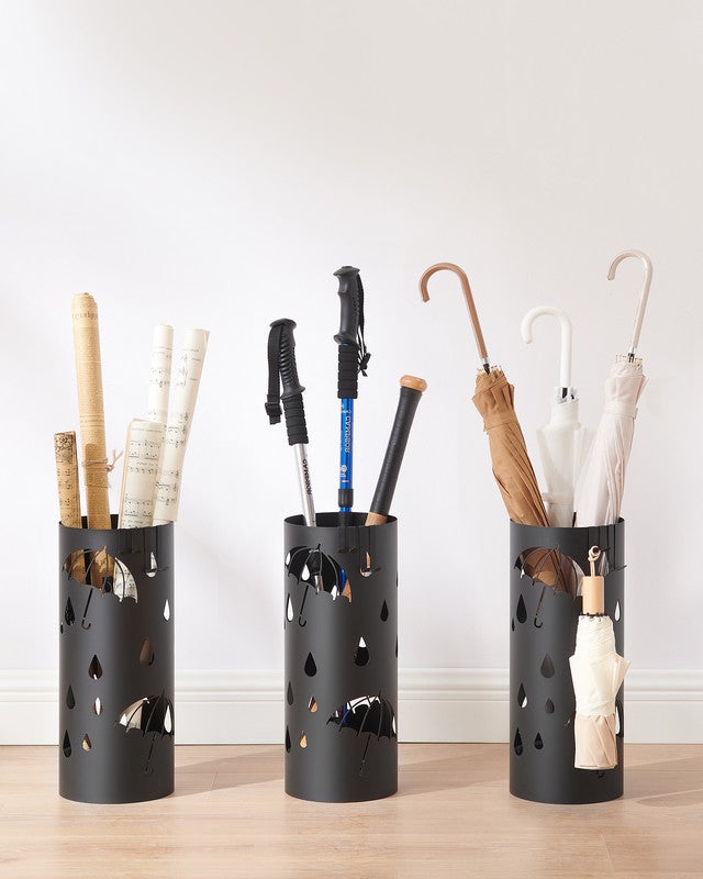 Porte-parapluie Design, Rond, en Métal, avec 4 Crochets, Bac de Récupération d'Eau Amovible, 17 x 41 cm (Ø x H), pour Entrée, Couloir, Noir - 6